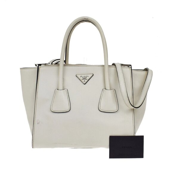 PRADA Logo 2Way Shoulder Hand Bag Glace Calf Leather White Talco SHW 70YH702 - Picture 1 of 16